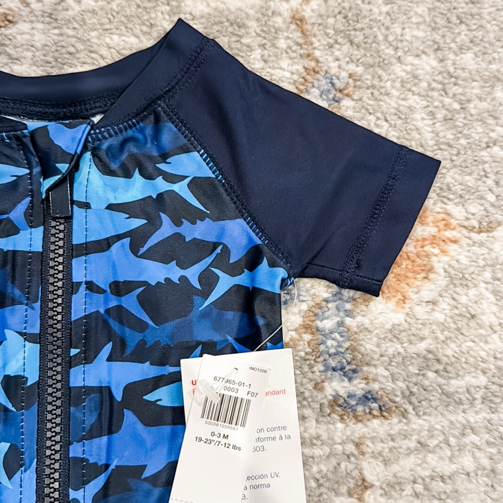 Old Navy Blue Shark Swim Rashguard Bodysuit - 0-3 M - Picture 2 of 5